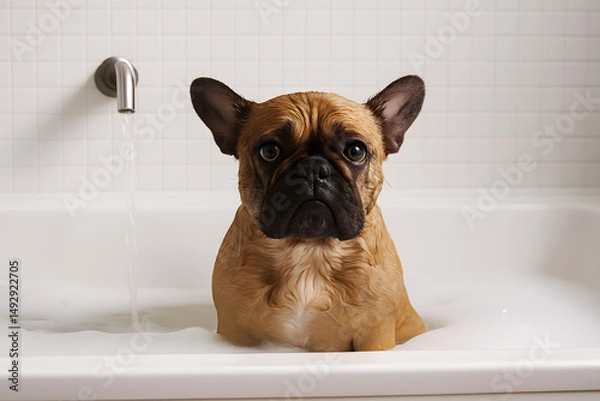 Obraz Wet French Bulldog in Bathtub with Foam Looking Sad at Camera