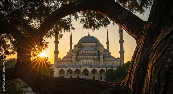 Obraz Mosque at sunset framed by a tree