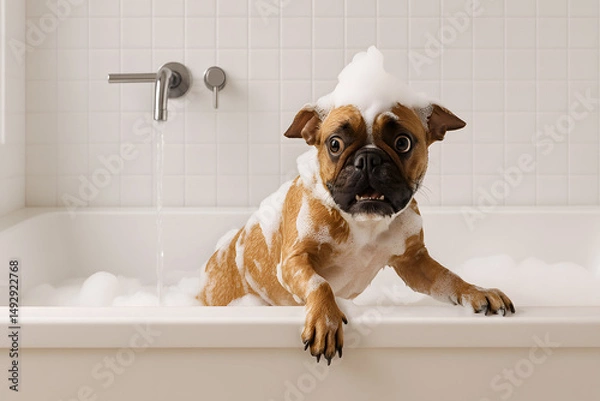 Obraz French Bulldog Covered in Foam Trying to Escape Bathtub with Panicked Expression