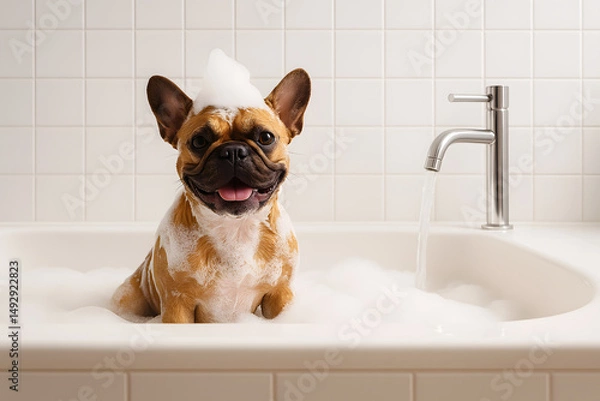 Obraz Happy French Bulldog Covered in Foam During Bath in Modern White Bathtub