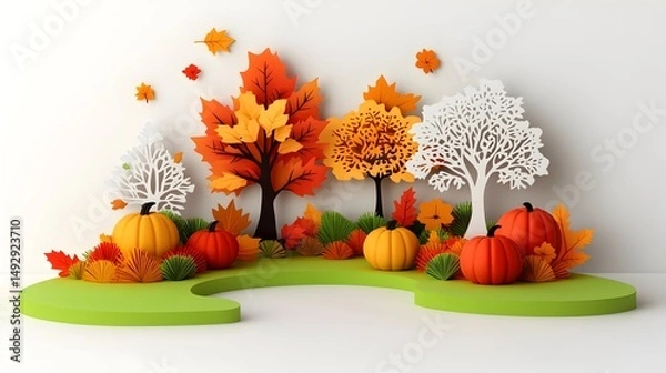 Fototapeta Stylized autumn scene with paper cut trees, pumpkins, and leaves on a green platform against a white background