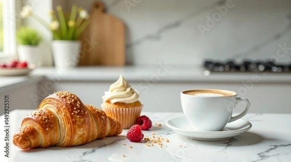 Fototapeta A delightful morning pastry arrangement featuring a flaky croissant, a creamy cupcake, and a cup of aromatic coffee, all elegantly displayed on a pristine marble surface