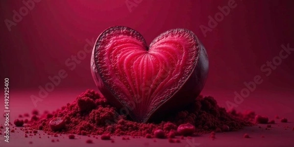 Fototapeta A heart-shaped beetroot rests gently on a bed of its own crimson powder, a vibrant symbol of natural beauty and wholesome goodness.