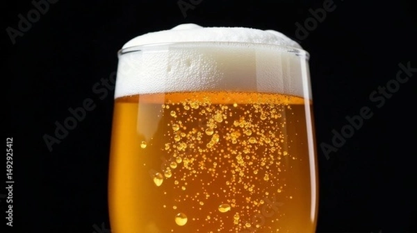 Fototapeta Close-up view of a refreshing golden beverage in a glass, featuring a thick head of foam and countless effervescent bubbles rising to the surface against a dark background.
