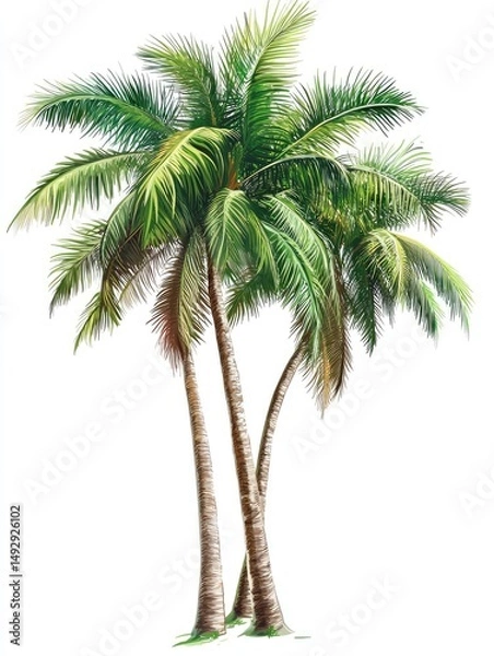 Obraz Three tropical palm trees against a white background.