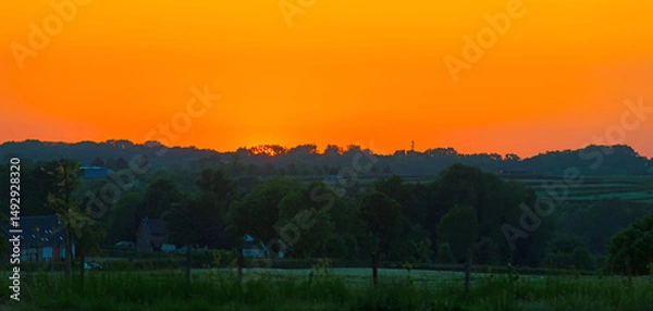 Obraz Green foliage of trees, reed and a rolling landscape at a bright sunset in springtime, Voeren, Limburg, Flanders, Belgium, May 17, 2025