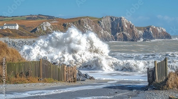 Obraz Crashing Waves on Rocky Coastline with Fence and Distant House
