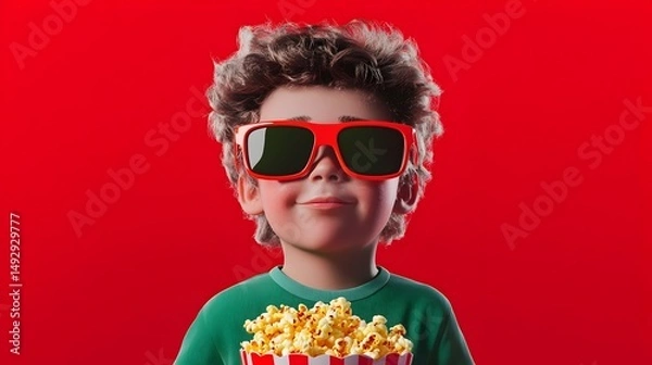 Fototapeta A 3D-rendered boy with curly brown hair, wearing red sunglasses, holds a striped popcorn bucket against a red background