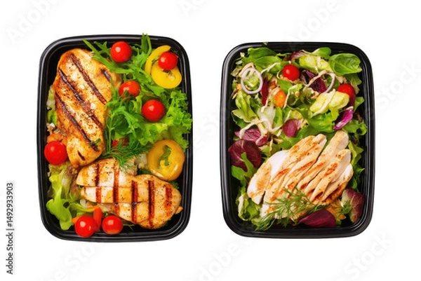 Fototapeta Two black containers holding grilled chicken salads with tomatoes and lettuce on a black background on transparent background