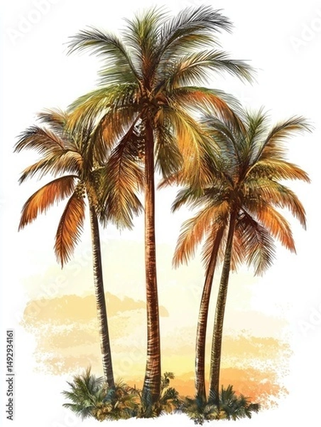 Obraz Tropical palm trees against a warm sunset backdrop.