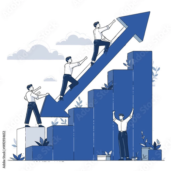 Fototapeta Ascending to Success: Dynamic individuals collaboratively climb and support an upward-trending arrow representing growth and business progress.