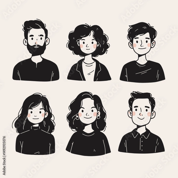 Fototapeta Diverse Portraits: A set of six unique hand-drawn portraits showcasing different hairstyles and features, each rendered in a simple yet expressive style.