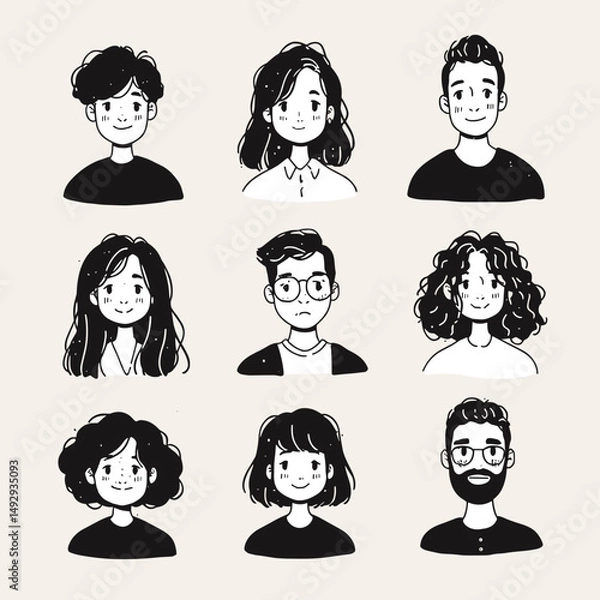 Obraz Diverse Doodle Delight: An array of diverse, hand-drawn faces in a charming doodle style, perfect for conveying a sense of community, individuality, and creative expression.