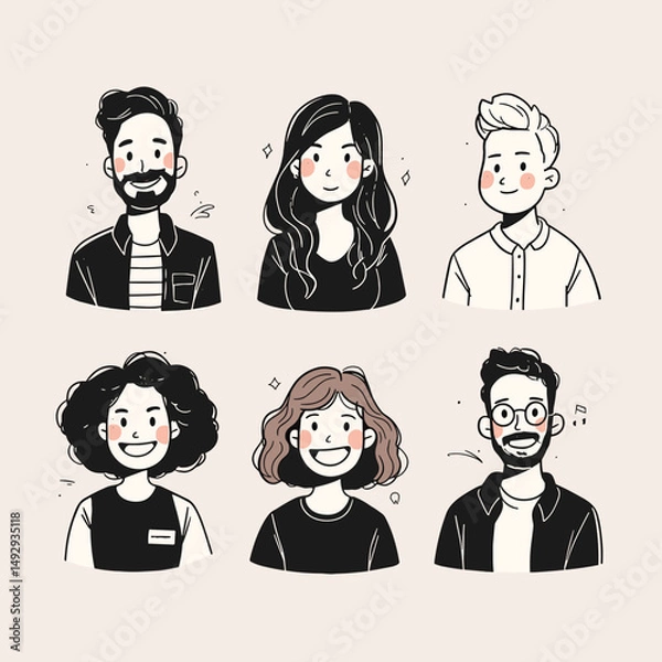 Fototapeta Diverse Portraits: A collection of stylized illustrations of individuals showcasing a variety of personalities and expressions.