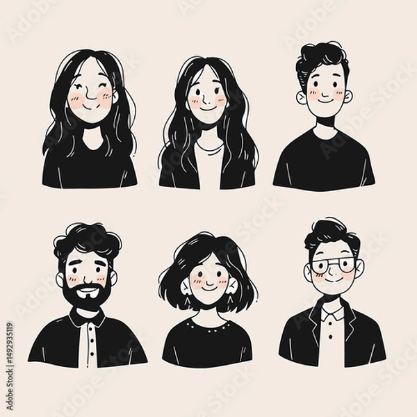 Fototapeta Diverse Hand-Drawn Portraits: A collection of six hand-drawn portraits, each featuring a unique individual with distinct facial features, hairstyles, and expressions.