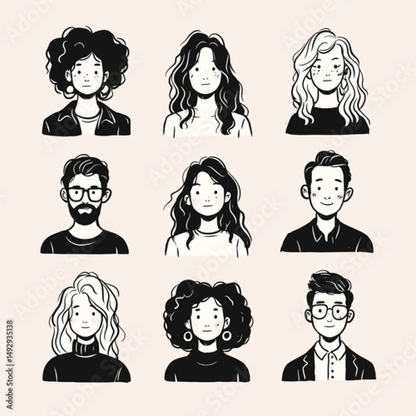 Fototapeta Diverse Portrait Collection: A meticulously crafted collection of nine unique illustrations, each depicting a different individual.
