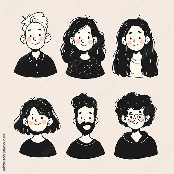 Fototapeta Diverse Characters Set: A set of six diverse hand-drawn characters, each with unique hairstyles and expressions, perfect for illustrating diversity, teamwork, or inclusivity.  