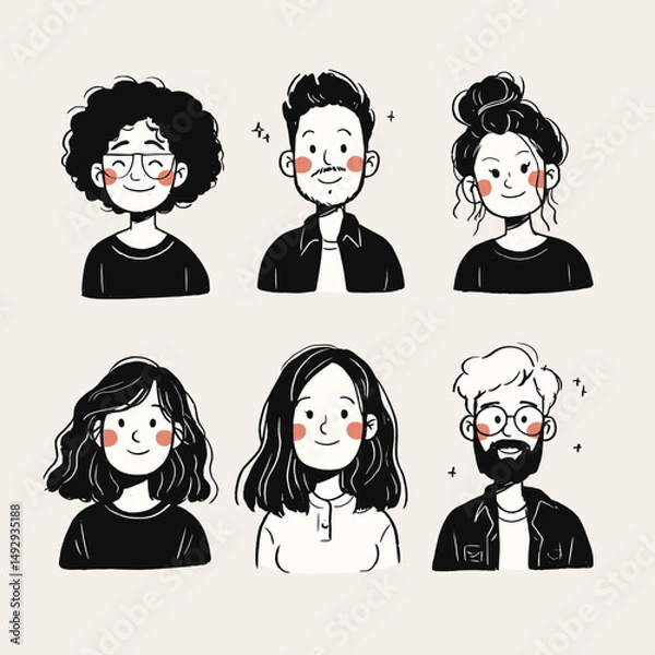 Fototapeta Expressive Faces: A captivating collection of hand-drawn faces, each with its own unique expression and style, brought to life with a clean line art aesthetic.