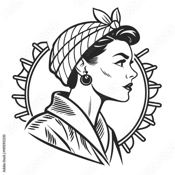 Obraz Elegant Woman in Headscarf with Decorative Halo in Retro Style Illustration