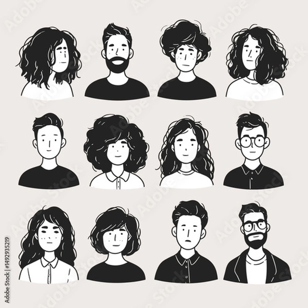 Fototapeta Portraits of Diverse Individuals: A collection of illustrated portraits showcasing the unique appearance of various people in a minimalist artistic style, perfect for representing diversity.
