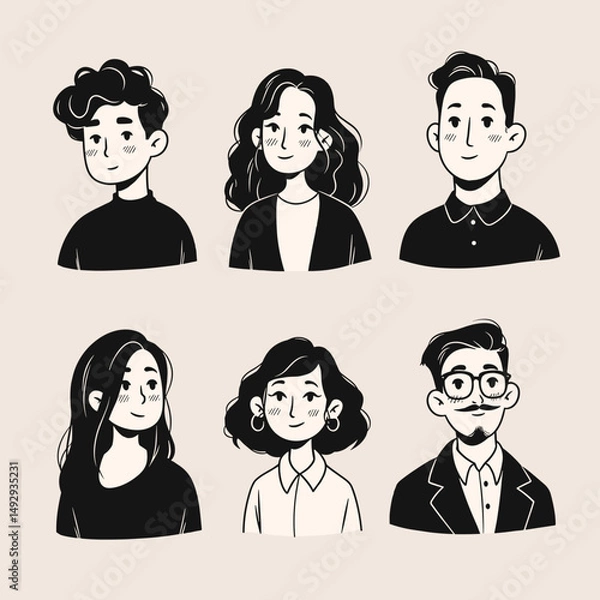 Fototapeta Friendly Portraits: A collection of six distinct, monochrome portraits of diverse individuals. Each illustration captures a unique personality, evoking a sense of modern design and approachability.