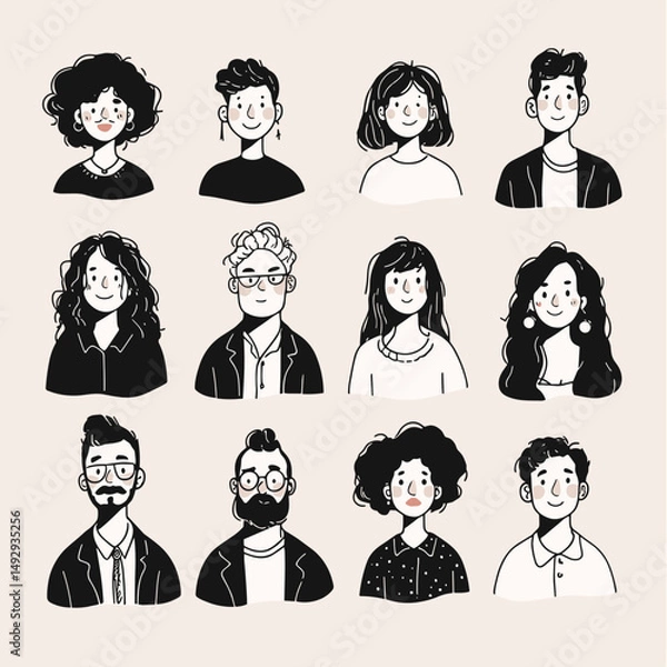 Fototapeta Diverse People Icons: Collection of twelve unique hand-drawn vector illustrations of diverse people's faces, showcasing various hairstyles, facial features, and expressions. Ideal for branding.
