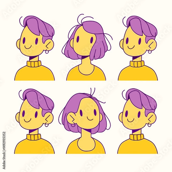 Fototapeta Illustration of People: A collection of six charming and stylized illustrations, each depicting a unique person. The warm color palette and simple lines create a friendly and inviting aesthetic.