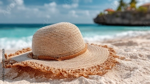 Fototapeta Straw hat on a sandy beach with turquoise water and island background.