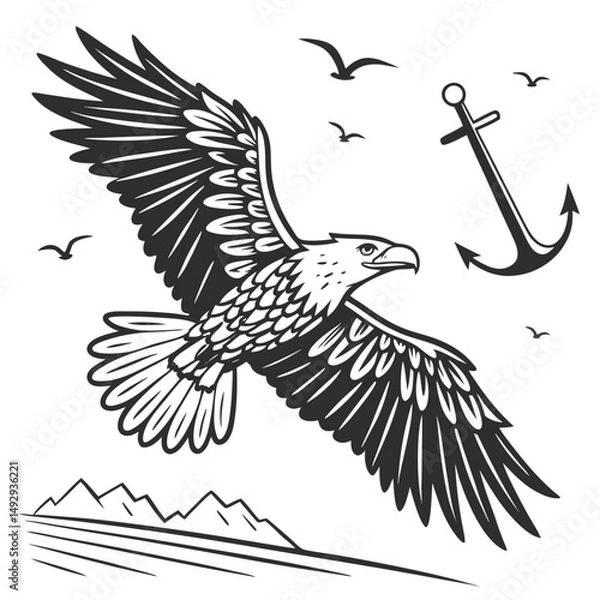 Obraz Majestic eagle soars above mountains, ocean, and seagulls, with an anchor nearby