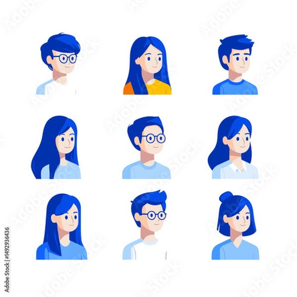 Fototapeta Diverse Avatar Collection: An assortment of modern avatars, rendered in a sleek, contemporary illustrative style, perfect for use in digital platforms or representational graphics.