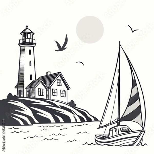 Obraz Nautical seascape illustration with a lighthouse, house, sailboat and birds