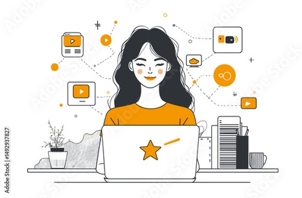 Fototapeta Content Creator's Digital Domain: An artistic illustration depicts a woman immersed in digital work, surrounded by connected icons representing the flow of ideas, creativity.