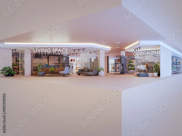 Fototapeta Sofas and chairs in living space. 3d rendering of furniture store.