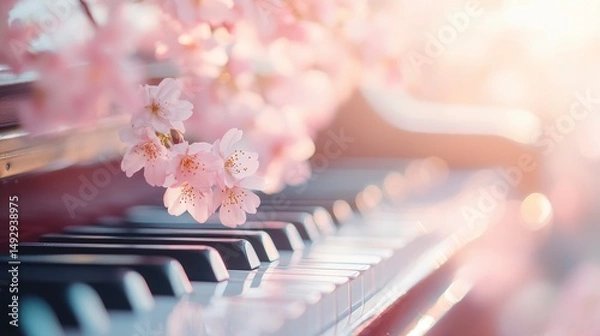 Obraz Pink cherry blossoms on a piano keyboard in sunlight.