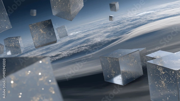 Fototapeta Floating transparent cubes filled with stars above a curved surface