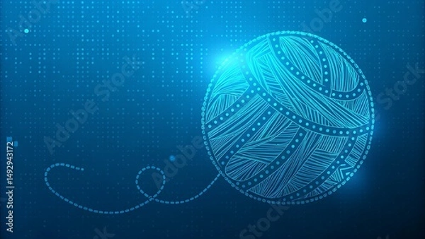 Fototapeta Blue digital background features luminous yarn ball with loose thread adding abstract warmth