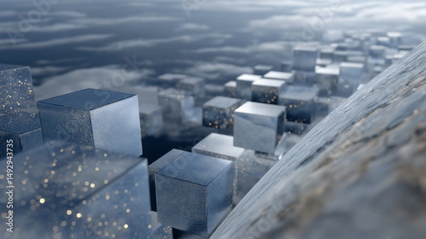 Fototapeta Floating Transparent Cubes with Stars Above Curved Planet Surface