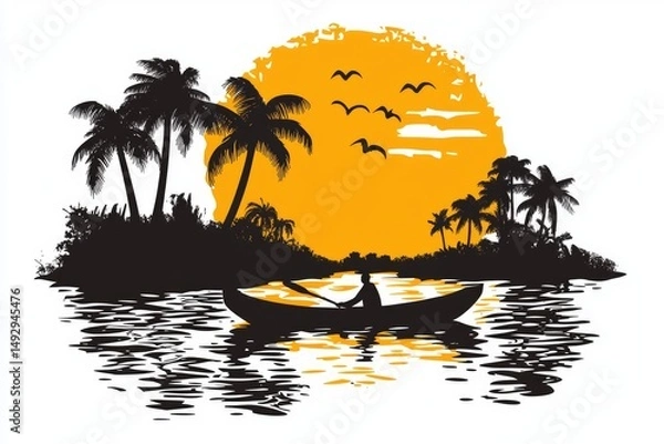 Obraz Silhouette tropical scene with a person in a canoe at sunset.