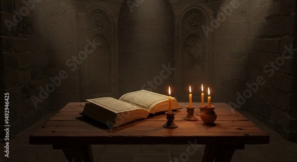 Obraz Open book and burning candles on the table