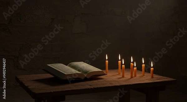 Obraz Open Book with Candles on Wooden Table