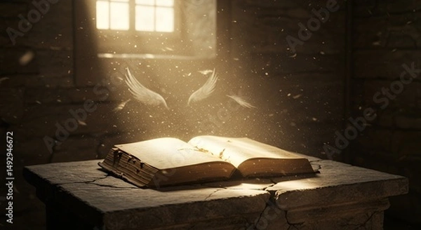 Obraz Open Book with Angel Wings and Light Beams