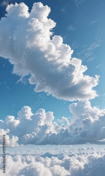 Fototapeta Vast, cloudless azure sky, fluffy white cumulus clouds drift lazily ,  altitude,  nature