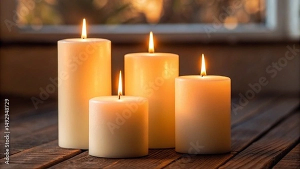 Fototapeta Three white pillar candles of varying heights burn with warm flames on a dark wooden surface