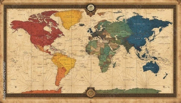 Fototapeta Antique-style world map with color-coded regions, detailed coastlines, and compass rose