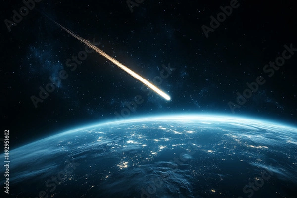Fototapeta Comet headed for earth partial view of earth against a dark universe