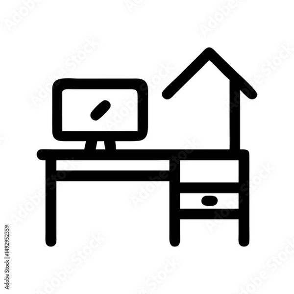 Fototapeta Home office remote icon. Desk with computer supporting telecommuting tasks.