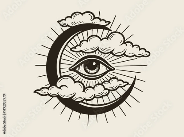 Fototapeta crescent moon with eye engraving vector illustration