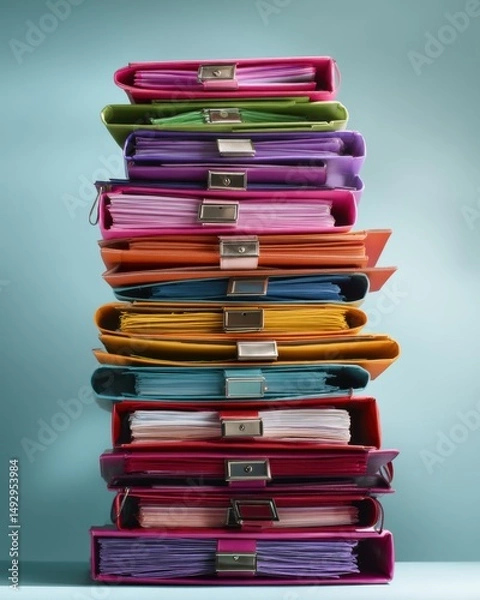 Obraz Stack of colorful ring binders holding documents on blue background high angle studio shot organization concept