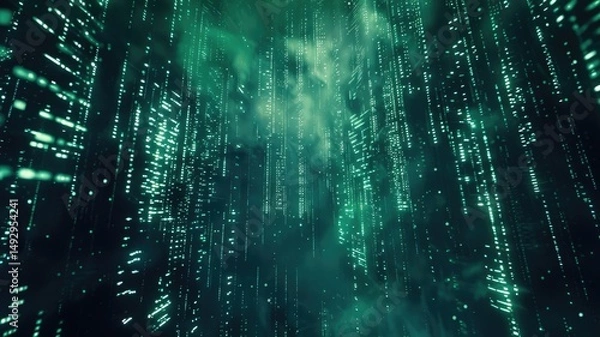 Fototapeta Abstract green digital shape or line of technological cyber style particle design connect in surreal electric style shape. High tech scene express mysterious pattern perfect for wallpaper. AIG53.