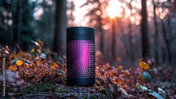 Obraz Insulated Bottle with Modern Design Standing Outdoors in Forest at Sunset